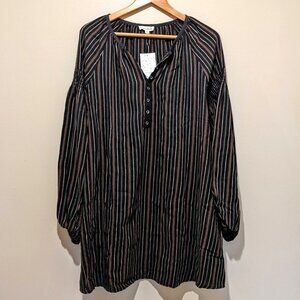 Cotton Bleu Pen-Stripe Long Sleeve Tunic Blouse, Relaxed Fit with Pockets sizeS